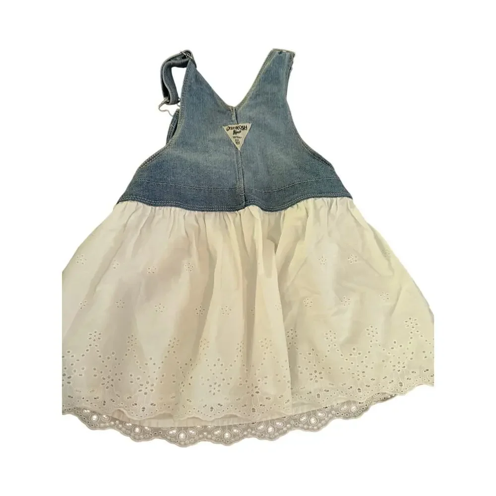 Oshkosh B'gosh Denim Eyelet Jumper Dress Adjustable Straps Blue White Size 3T